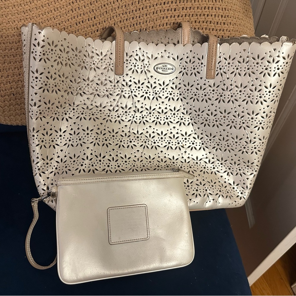 Set of 2 Coach Eyelet Cream Tote with Matching Wristlet